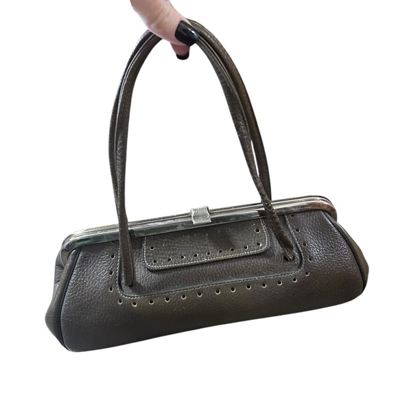 Vintage Lether Purse deep dark Olive Green oblong double handle purse - Picture 1 of 11